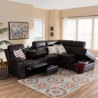 Baxton Studio R1818-Dark-Brown-SF Roland Modern and Contemporary Dark Brown Faux Leather 2-Piece Sectional with Recliner and Storage Chaise